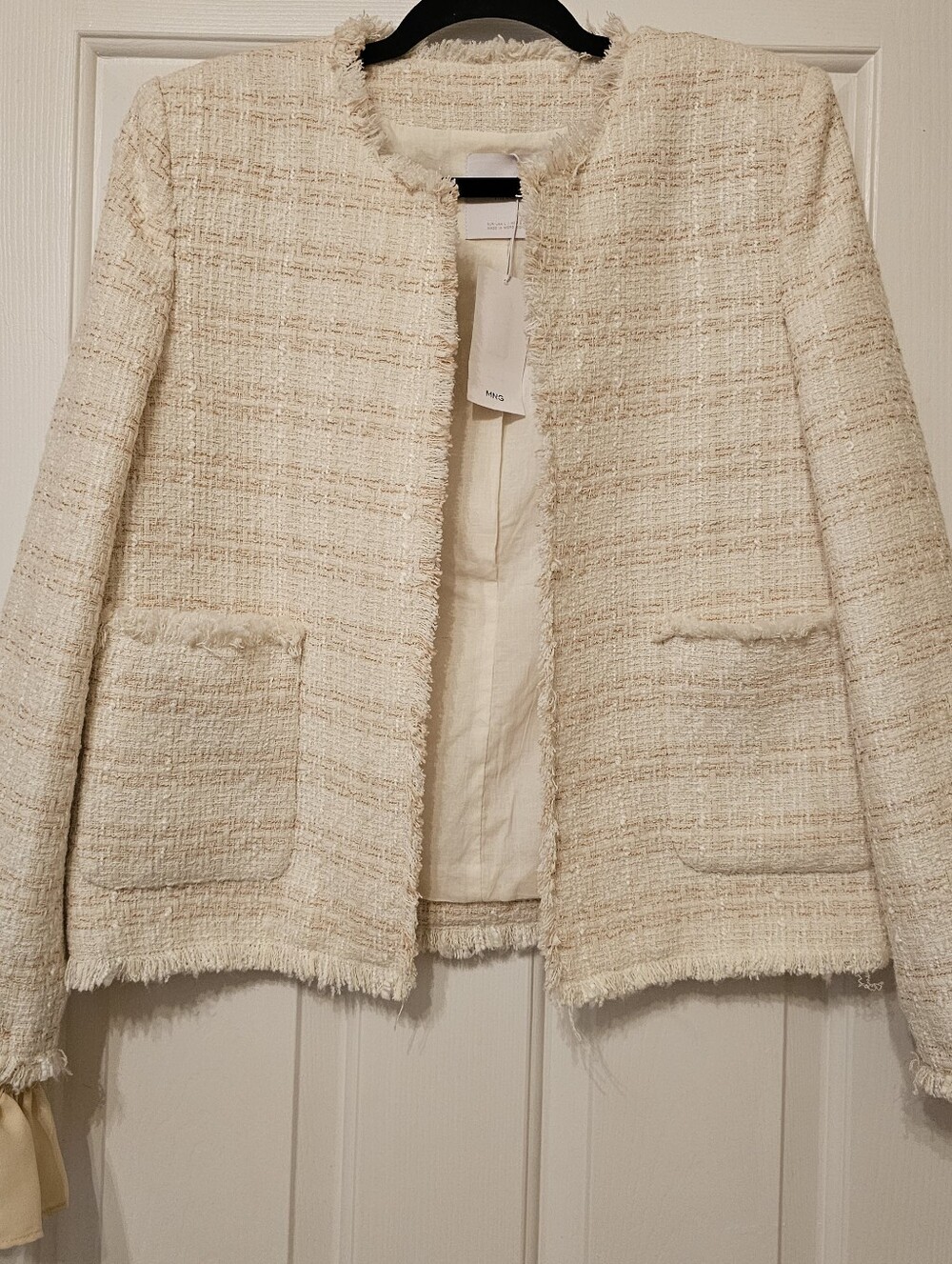 Mango Cream Tweed Collarless Jacket with Ruffle Cuffs (Removable) - Picture 2 of 15